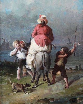 tableau représentant une femme à cheval avec deux enfants et un chien
