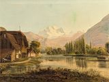 tableau représentant un village avec une rivière et des montagnes en arrière-plan