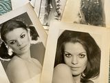 several old black and white photos of a woman on a bed