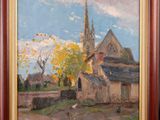 une peinture à l'huile représentant une église dans un cadre champêtre