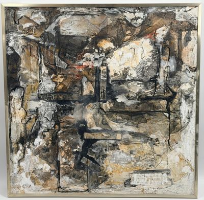 an abstract painting with black and white paint on a white background