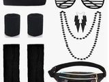 a set of accessories including a fanny bag, sunglasses, bracelets, and a pair of socks