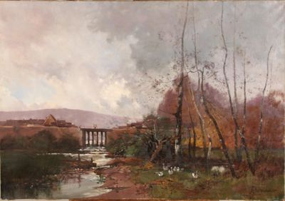 an image of a painting of a river with a bridge in the background