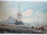 tableau représentant un bateau sur la plage, entouré de personnes