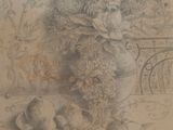 a drawing of a vase of flowers and fruit on a table