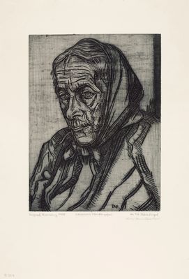 drawing of an old woman with a scarf on her head