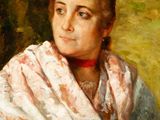 painting of a woman in a white shawl with a bird on top of her head