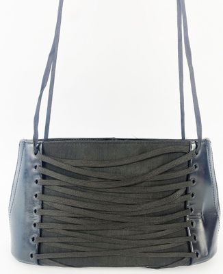 black leather purse with a zippered strap and a metal clasp