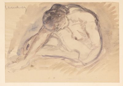 dessin représentant une femme nue assise sur un lit, de dos par rapport à l'appareil photo