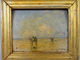 une peinture à l'huile représentant un homme à cheval sur une plage