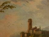 an old painting of a castle on a cliff with a bird flying over it