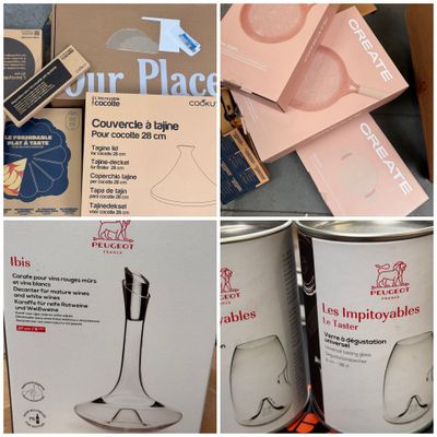 many different pictures of wine glasses and boxes on the table