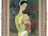 an oil painting of a woman holding a child in her arms