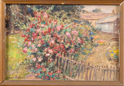 une peinture à l'huile représentant une scène de jardin avec une clôture et des fleurs