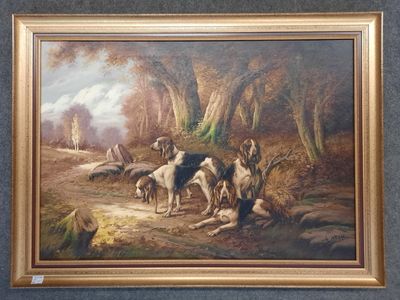 tableau encadré représentant une scène de chasse avec des chiens et des chasseurs dans un décor boisé
