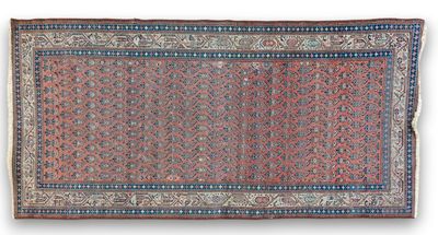 an antique persian rug with a red and blue design