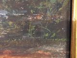 an oil painting of a river in a wooded area with trees in the background