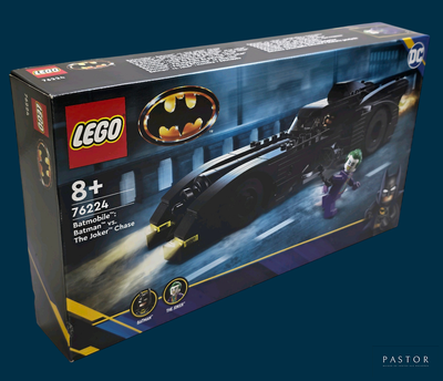 lego batman batmobile set in its box on a blue background