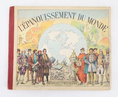 un vieux livre sur lequel figure une image de personnes debout devant un globe terrestre