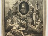 un dessin en noir et blanc représentant le portrait d'un homme entouré d'autres personnes