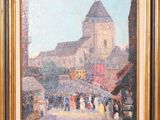 peinture d'une scène de rue avec une église en arrière-plan