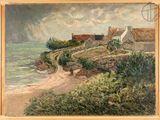 an image of a painting of a house on a cliff overlooking the ocean