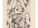 a black and white drawing of a man sitting on a chair