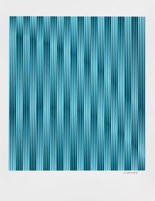 une peinture représentant un motif à rayures bleues et blanches sur fond blanc