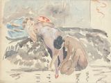 une peinture d'un homme et d'une femme sur la plage