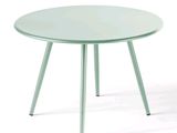 La table est verte ; elle a trois pieds et un plateau rond.