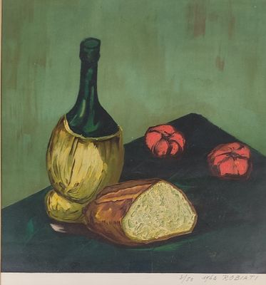 un tableau représentant du pain et une bouteille de vin posés sur une table