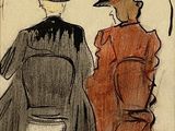 dessin représentant deux femmes assises sur un banc, l'une coiffée d'un chapeau et l'autre vêtue d'un manteau rouge