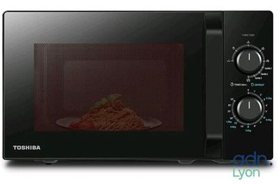 a black microwave with a plate of food inside of it