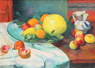une peinture représentant une coupe de fruits sur une table