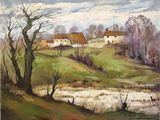 an oil painting of a farm scene with a pond in the foreground
