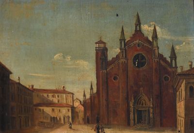 tableau représentant une scène de rue avec une église et une calèche