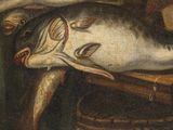 a painting of a fish that is on a table