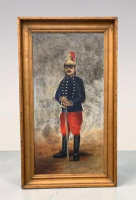 un vieux tableau représentant un homme en uniforme militaire tenant une batte de baseball