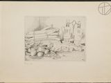 pencil drawing of a still life of fruit and vegetables on a table