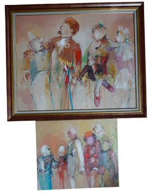 un tableau représentant un groupe de clowns et un tableau représentant une femme