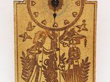 wooden clock with an image of a man and a woman on it
