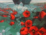 a painting of a couple of birds in a field of red flowers