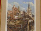 a picture of a painting of a cat on a roof