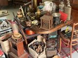 a table with many items on it in a room