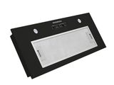 a close up of a black and white oven hood with a light