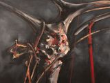 a painting of a skeleton with horns and blood on it