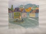 a watercolor painting of a town with a fountain in the middle of the street