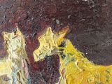 an oil painting of two dogs standing next to each other in a field