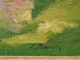 an image of a painting of a green field with yellow and pink flowers
