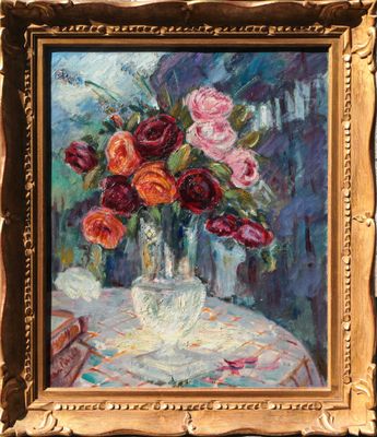an oil painting of a vase of flowers on a table